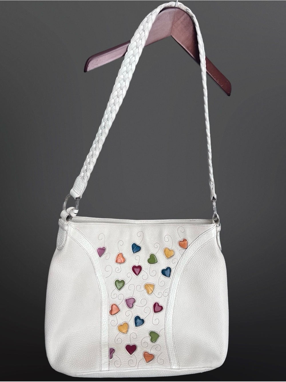 Brighton Off-White Leather Shoulder Bag Colorful Hearts Braided Strap Tassel